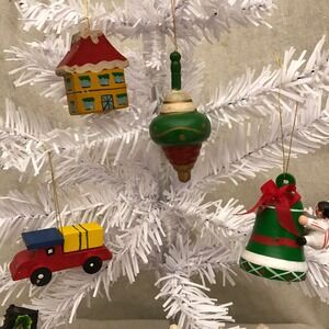 Christmas Ornaments, Wood Ornaments, Bell, Top,‎ Truck and House, 1970's